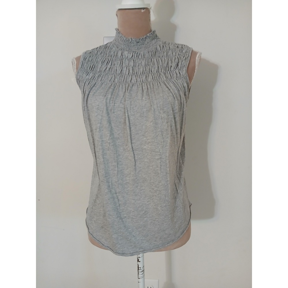 Sundance Gray Smocked Mock Neck Sleeveless Lyocell Cotton Top Small